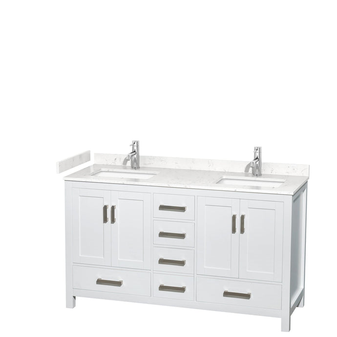 Wyndham Collection WCS141460DWHC2UNSMXX Sheffield 60 Inch Double Bathroom Vanity in White, Carrara Cultured Marble Countertop, Undermount Square Sinks, No Mirror