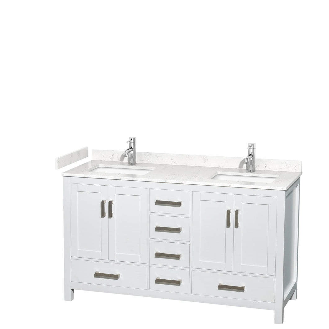 Wyndham Collection WCS141460DWHC2UNSMXX Sheffield 60 Inch Double Bathroom Vanity in White, Carrara Cultured Marble Countertop, Undermount Square Sinks, No Mirror
