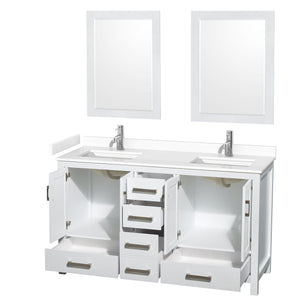 Wyndham Collection WCS141460DWHWCUNSM24 Sheffield 60 Inch Double Bathroom Vanity in White, White Cultured Marble Countertop, Undermount Square Sinks, 24 Inch Mirrors