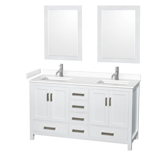 Wyndham Collection WCS141460DWHWCUNSM24 Sheffield 60 Inch Double Bathroom Vanity in White, White Cultured Marble Countertop, Undermount Square Sinks, 24 Inch Mirrors