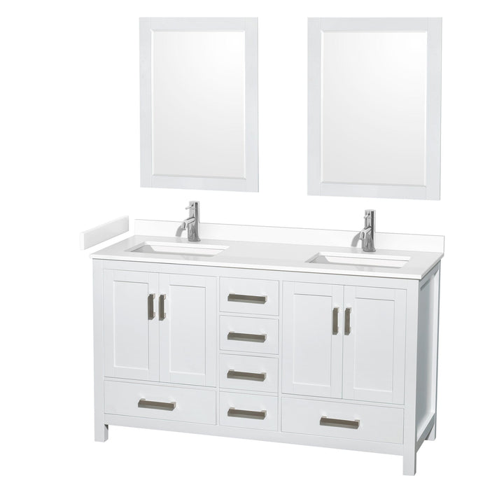 Wyndham Collection WCS141460DWHWCUNSM24 Sheffield 60 Inch Double Bathroom Vanity in White, White Cultured Marble Countertop, Undermount Square Sinks, 24 Inch Mirrors