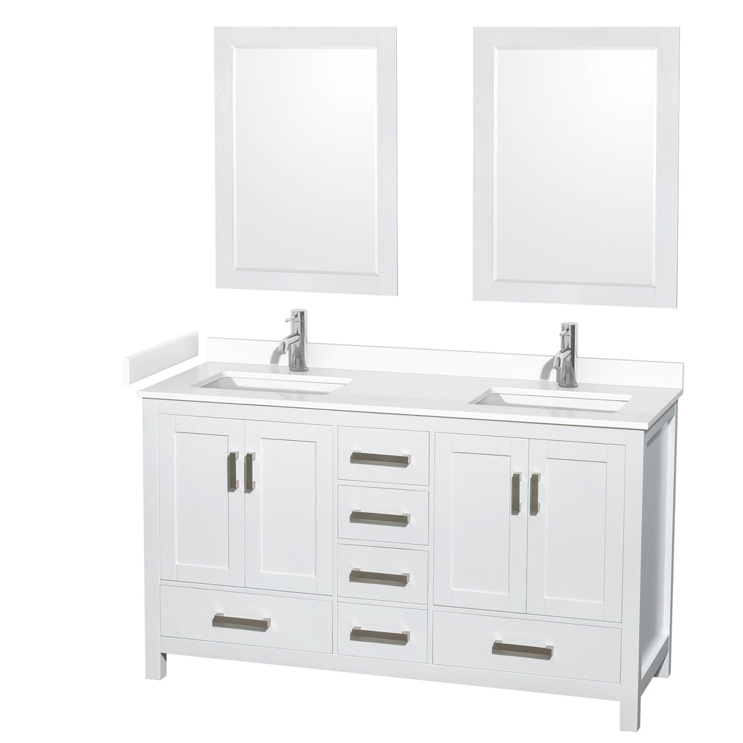 Wyndham Collection WCS141460DWHWCUNSM24 Sheffield 60 Inch Double Bathroom Vanity in White, White Cultured Marble Countertop, Undermount Square Sinks, 24 Inch Mirrors