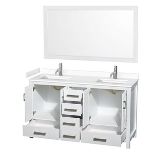 Wyndham Collection WCS141460DWHWCUNSM58 Sheffield 60 Inch Double Bathroom Vanity in White, White Cultured Marble Countertop, Undermount Square Sinks, 58 Inch Mirror