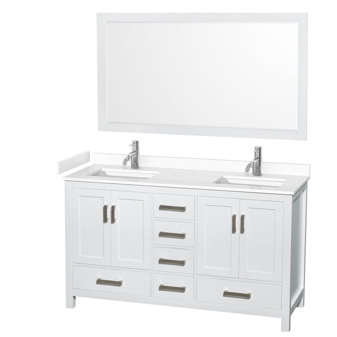 Wyndham Collection WCS141460DWHWCUNSM58 Sheffield 60 Inch Double Bathroom Vanity in White, White Cultured Marble Countertop, Undermount Square Sinks, 58 Inch Mirror
