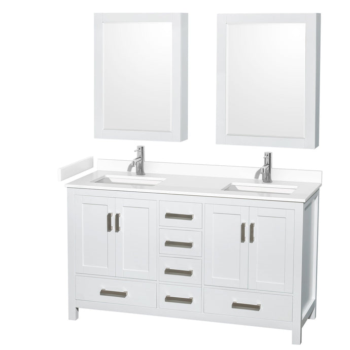 Wyndham Collection WCS141460DWHWCUNSMED Sheffield 60 Inch Double Bathroom Vanity in White, White Cultured Marble Countertop, Undermount Square Sinks, Medicine Cabinets