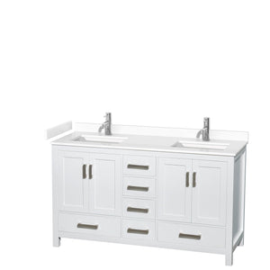 Wyndham Collection WCS141460DWHWCUNSMXX Sheffield 60 Inch Double Bathroom Vanity in White, White Cultured Marble Countertop, Undermount Square Sinks, No Mirror