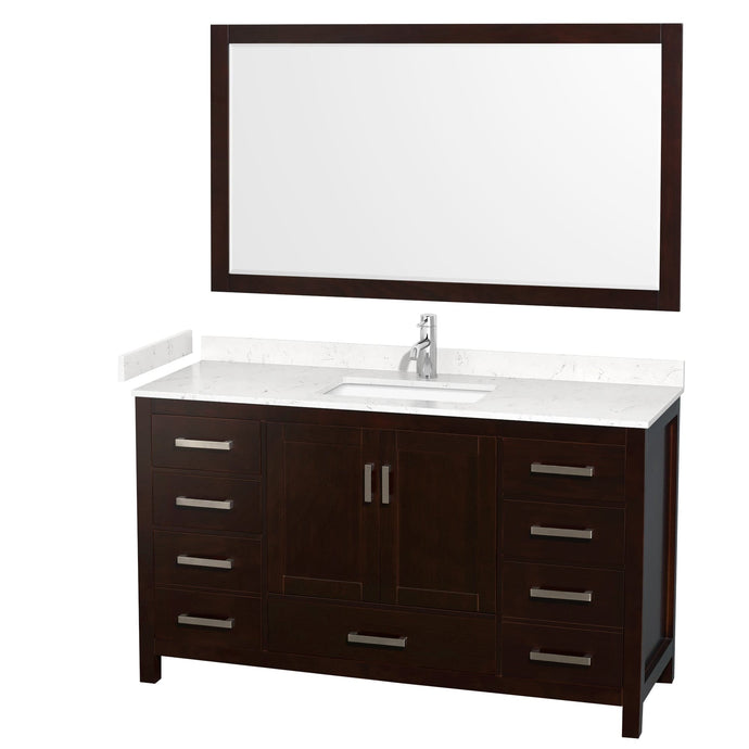 Wyndham Collection WCS141460SESC2UNSM58 Sheffield 60 Inch Single Bathroom Vanity in Espresso, Carrara Cultured Marble Countertop, Undermount Square Sink, 58 Inch Mirror