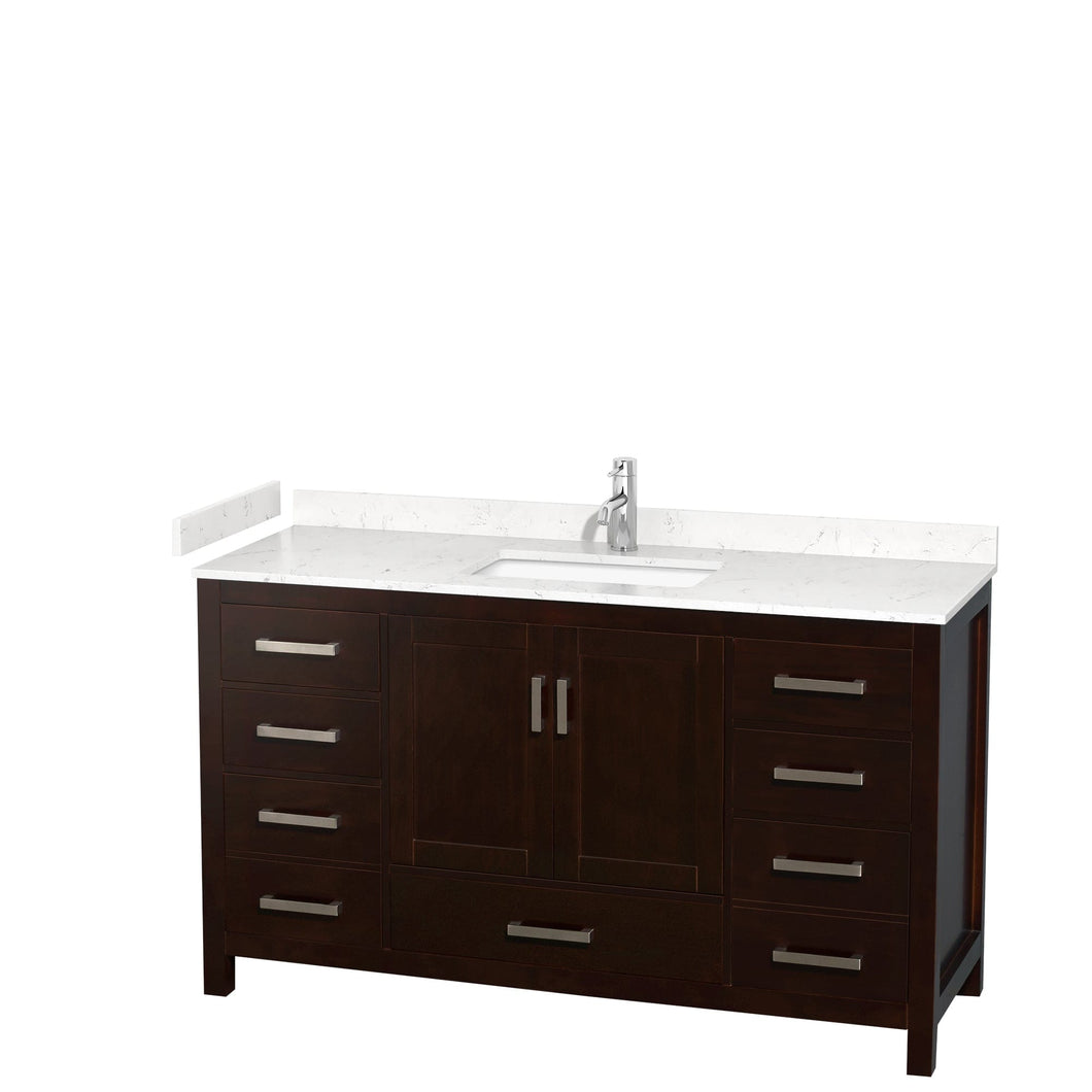 Wyndham Collection WCS141460SESC2UNSMXX Sheffield 60 Inch Single Bathroom Vanity in Espresso, Carrara Cultured Marble Countertop, Undermount Square Sink, No Mirror