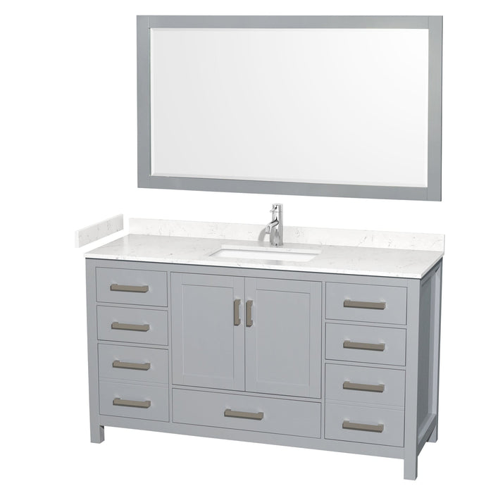 Wyndham Collection WCS141460SGYC2UNSM58 Sheffield 60 Inch Single Bathroom Vanity in Gray, Carrara Cultured Marble Countertop, Undermount Square Sink, 58 Inch Mirror