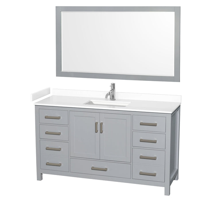 Wyndham Collection WCS141460SGYWCUNSM58 Sheffield 60 Inch Single Bathroom Vanity in Gray, White Cultured Marble Countertop, Undermount Square Sink, 58 Inch Mirror