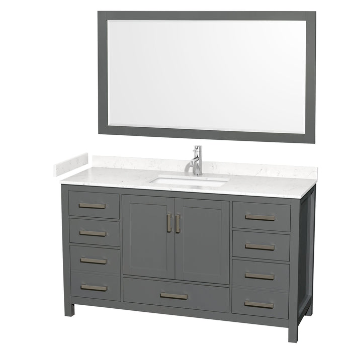 Wyndham Collection WCS141460SKGC2UNSM58 Sheffield 60 Inch Single Bathroom Vanity in Dark Gray, Carrara Cultured Marble Countertop, Undermount Square Sink, 58 Inch Mirror