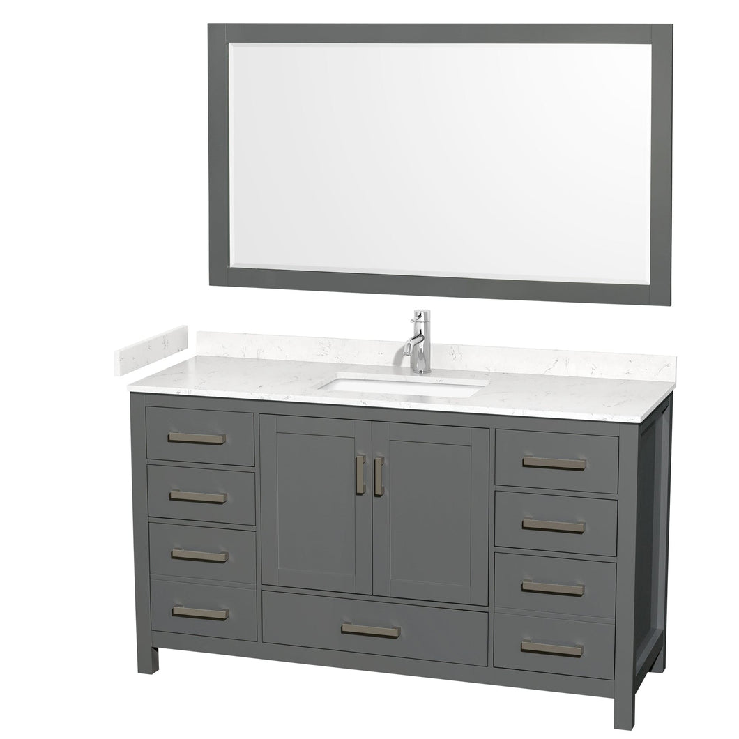 Wyndham Collection WCS141460SKGC2UNSM58 Sheffield 60 Inch Single Bathroom Vanity in Dark Gray, Carrara Cultured Marble Countertop, Undermount Square Sink, 58 Inch Mirror