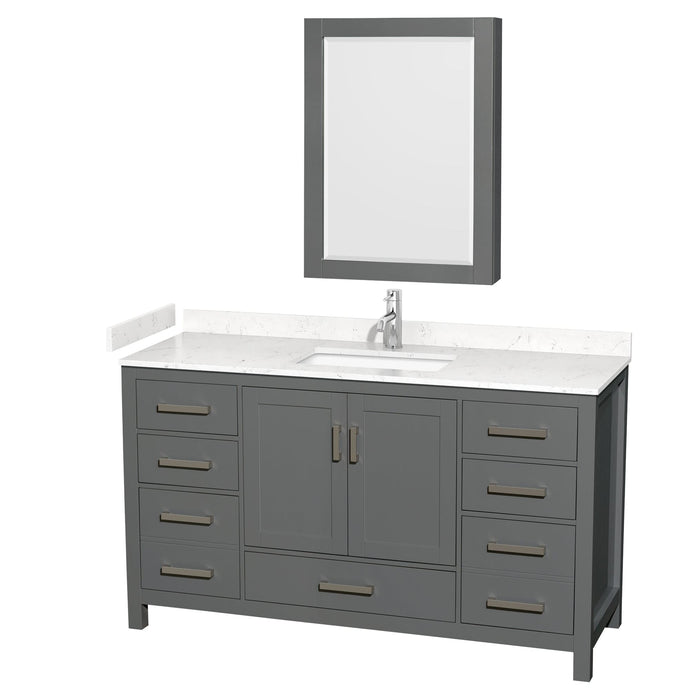 Wyndham Collection WCS141460SKGC2UNSMED Sheffield 60 Inch Single Bathroom Vanity in Dark Gray, Carrara Cultured Marble Countertop, Undermount Square Sink, Medicine Cabinet