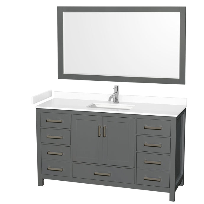 Wyndham Collection WCS141460SKGWCUNSM58 Sheffield 60 Inch Single Bathroom Vanity in Dark Gray, White Cultured Marble Countertop, Undermount Square Sink, 58 Inch Mirror