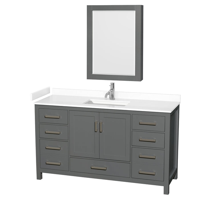 Wyndham Collection WCS141460SKGWCUNSMED Sheffield 60 Inch Single Bathroom Vanity in Dark Gray, White Cultured Marble Countertop, Undermount Square Sink, Medicine Cabinet