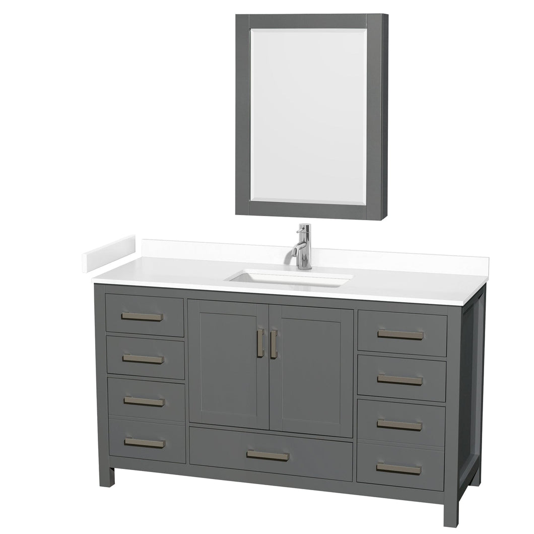 Wyndham Collection WCS141460SKGWCUNSMED Sheffield 60 Inch Single Bathroom Vanity in Dark Gray, White Cultured Marble Countertop, Undermount Square Sink, Medicine Cabinet