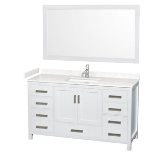 Wyndham Collection WCS141460SWHC2UNSM58 Sheffield 60 Inch Single Bathroom Vanity in White, Carrara Cultured Marble Countertop, Undermount Square Sink, 58 Inch Mirror