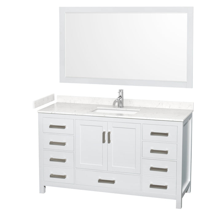 Wyndham Collection WCS141460SWHC2UNSM58 Sheffield 60 Inch Single Bathroom Vanity in White, Carrara Cultured Marble Countertop, Undermount Square Sink, 58 Inch Mirror
