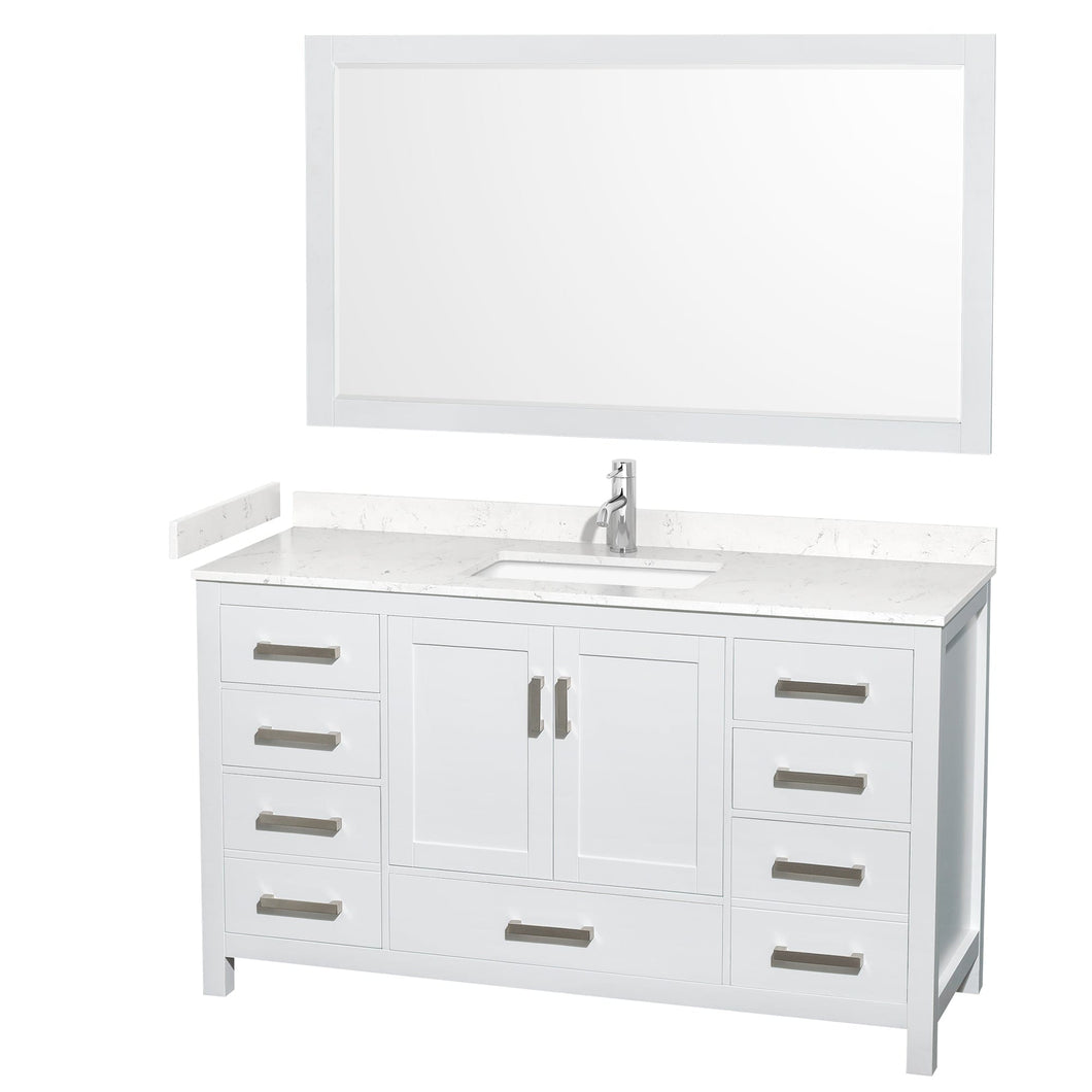 Wyndham Collection WCS141460SWHC2UNSM58 Sheffield 60 Inch Single Bathroom Vanity in White, Carrara Cultured Marble Countertop, Undermount Square Sink, 58 Inch Mirror