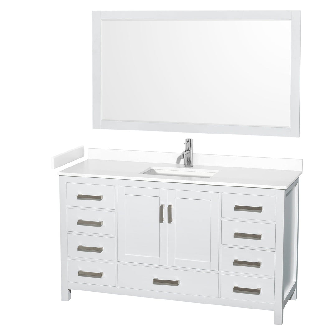 Wyndham Collection WCS141460SWHWCUNSM58 Sheffield 60 Inch Single Bathroom Vanity in White, White Cultured Marble Countertop, Undermount Square Sink, 58 Inch Mirror