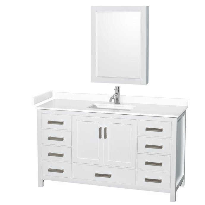 Wyndham Collection WCS141460SWHWCUNSMED Sheffield 60 Inch Single Bathroom Vanity in White, White Cultured Marble Countertop, Undermount Square Sink, Medicine Cabinet