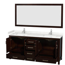 Load image into Gallery viewer, Wyndham Collection WCS141472DESC2UNSM70 Sheffield 72 Inch Double Bathroom Vanity in Espresso, Carrara Cultured Marble Countertop, Undermount Square Sinks, 70 Inch Mirror