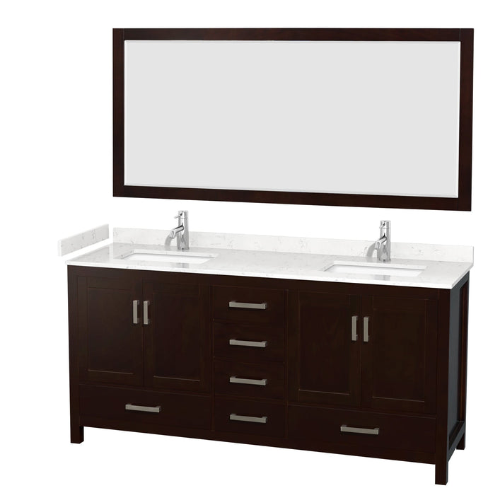 Wyndham Collection WCS141472DESC2UNSM70 Sheffield 72 Inch Double Bathroom Vanity in Espresso, Carrara Cultured Marble Countertop, Undermount Square Sinks, 70 Inch Mirror