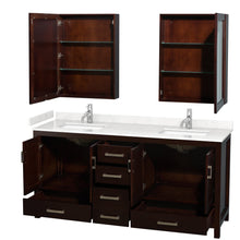 Load image into Gallery viewer, Wyndham Collection WCS141472DESC2UNSMED Sheffield 72 Inch Double Bathroom Vanity in Espresso, Carrara Cultured Marble Countertop, Undermount Square Sinks, Medicine Cabinets