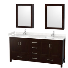 Load image into Gallery viewer, Wyndham Collection WCS141472DESC2UNSMED Sheffield 72 Inch Double Bathroom Vanity in Espresso, Carrara Cultured Marble Countertop, Undermount Square Sinks, Medicine Cabinets