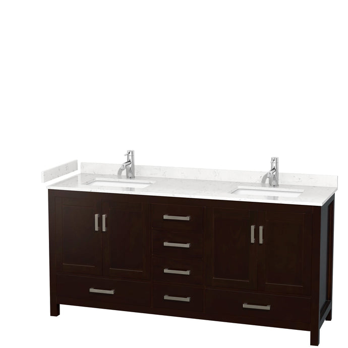Wyndham Collection WCS141472DESC2UNSMXX Sheffield 72 Inch Double Bathroom Vanity in Espresso, Carrara Cultured Marble Countertop, Undermount Square Sinks, No Mirror