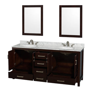 Wyndham Collection WCS141472DESCMUNOM24 Sheffield 72 Inch Double Bathroom Vanity in Espresso, White Carrara Marble Countertop, Undermount Oval Sinks, and 24 Inch Mirrors