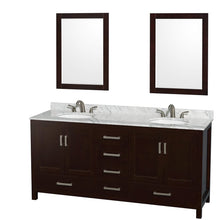 Load image into Gallery viewer, Wyndham Collection WCS141472DESCMUNOM24 Sheffield 72 Inch Double Bathroom Vanity in Espresso, White Carrara Marble Countertop, Undermount Oval Sinks, and 24 Inch Mirrors