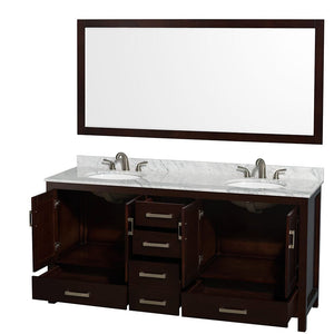 Wyndham Collection WCS141472DESCMUNOM70 Sheffield 72 Inch Double Bathroom Vanity in Espresso, White Carrara Marble Countertop, Undermount Oval Sinks, and 70 Inch Mirror