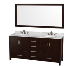 Load image into Gallery viewer, Wyndham Collection WCS141472DESCMUNOM70 Sheffield 72 Inch Double Bathroom Vanity in Espresso, White Carrara Marble Countertop, Undermount Oval Sinks, and 70 Inch Mirror