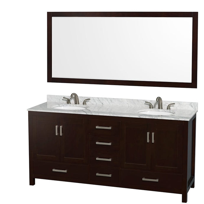 Wyndham Collection WCS141472DESCMUNOM70 Sheffield 72 Inch Double Bathroom Vanity in Espresso, White Carrara Marble Countertop, Undermount Oval Sinks, and 70 Inch Mirror