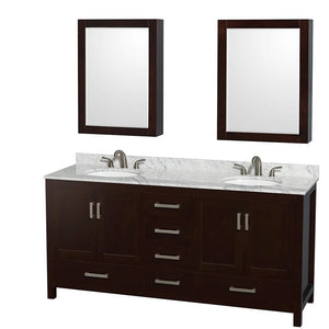 Wyndham Collection WCS141472DESCMUNOMED Sheffield 72 Inch Double Bathroom Vanity in Espresso, White Carrara Marble Countertop, Undermount Oval Sinks, and Medicine Cabinets