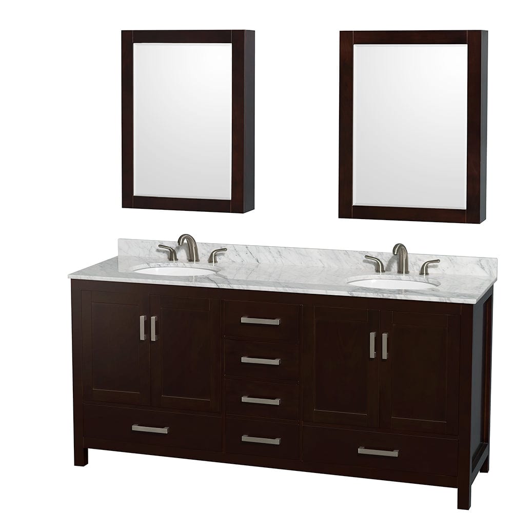 Wyndham Collection WCS141472DESCMUNOMED Sheffield 72 Inch Double Bathroom Vanity in Espresso, White Carrara Marble Countertop, Undermount Oval Sinks, and Medicine Cabinets