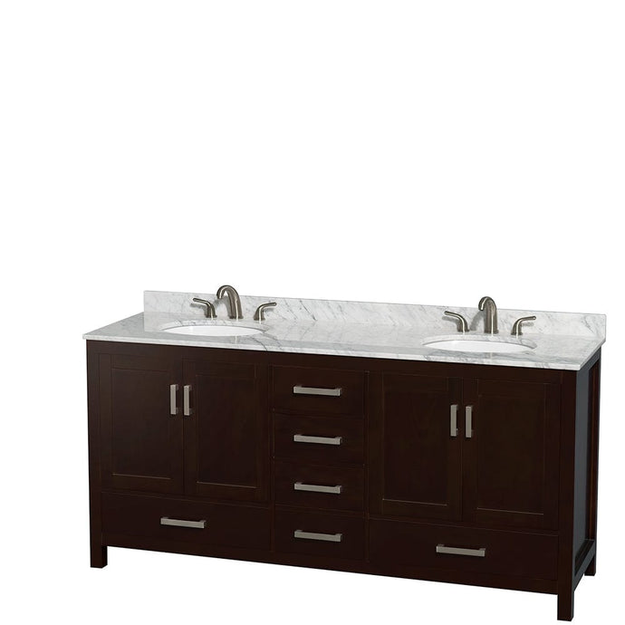 Wyndham Collection WCS141472DESCMUNOMXX Sheffield 72 Inch Double Bathroom Vanity in Espresso, White Carrara Marble Countertop, Undermount Oval Sinks, and No Mirror