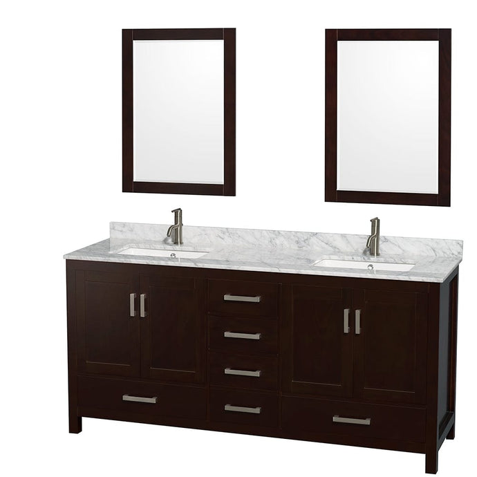 Wyndham Collection WCS141472DESCMUNSM24 Sheffield 72 Inch Double Bathroom Vanity in Espresso, White Carrara Marble Countertop, Undermount Square Sinks, and 24 Inch Mirrors
