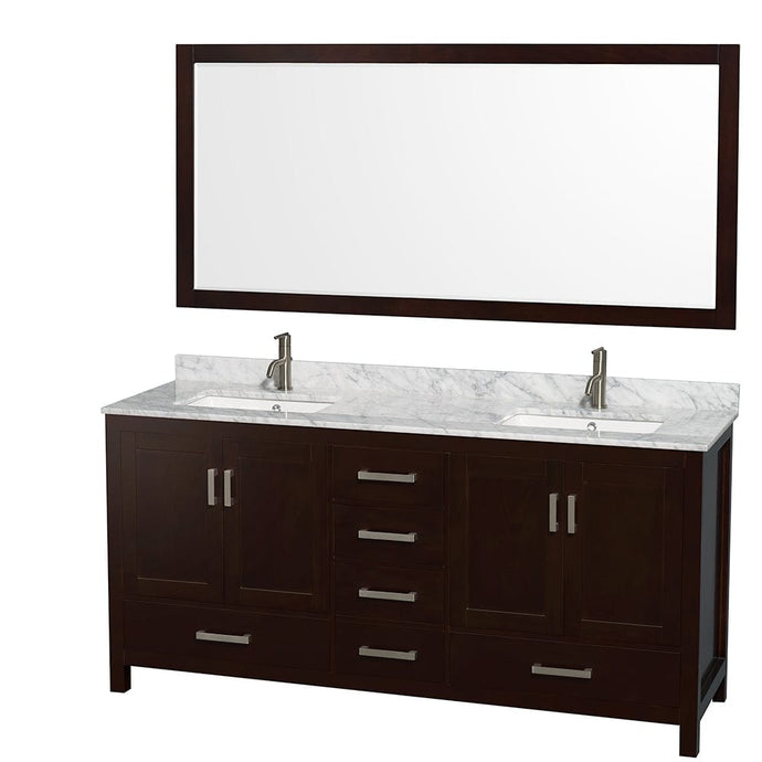Wyndham Collection WCS141472DESCMUNSM70 Sheffield 72 Inch Double Bathroom Vanity in Espresso, White Carrara Marble Countertop, Undermount Square Sinks, and 70 Inch Mirror