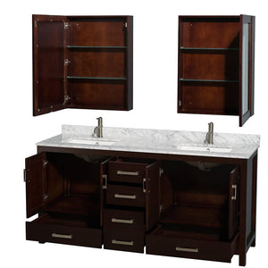 Wyndham Collection WCS141472DESCMUNSMED Sheffield 72 Inch Double Bathroom Vanity in Espresso, White Carrara Marble Countertop, Undermount Square Sinks, and Medicine Cabinets