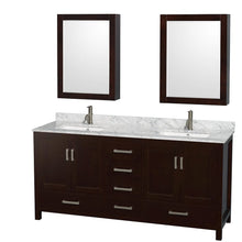 Load image into Gallery viewer, Wyndham Collection WCS141472DESCMUNSMED Sheffield 72 Inch Double Bathroom Vanity in Espresso, White Carrara Marble Countertop, Undermount Square Sinks, and Medicine Cabinets