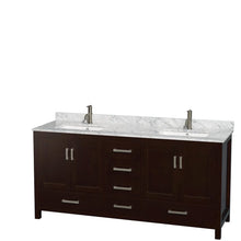 Load image into Gallery viewer, Wyndham Collection WCS141472DESCMUNSM24 Sheffield 72 Inch Double Bathroom Vanity in Espresso, White Carrara Marble Countertop, Undermount Square Sinks, and 24 Inch Mirrors