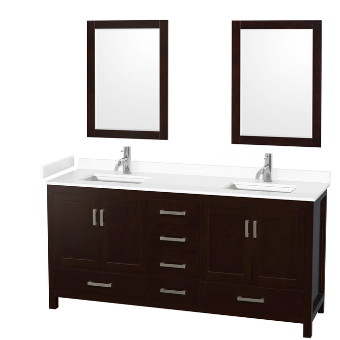 Wyndham Collection WCS141472DESWCUNSM24 Sheffield 72 Inch Double Bathroom Vanity in Espresso, White Cultured Marble Countertop, Undermount Square Sinks, 24 Inch Mirrors