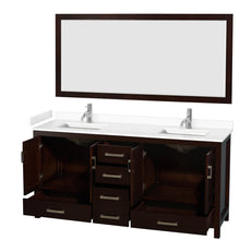 Load image into Gallery viewer, Wyndham Collection WCS141472DESWCUNSM70 Sheffield 72 Inch Double Bathroom Vanity in Espresso, White Cultured Marble Countertop, Undermount Square Sinks, 70 Inch Mirror