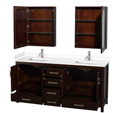 Load image into Gallery viewer, Wyndham Collection WCS141472DESWCUNSMED Sheffield 72 Inch Double Bathroom Vanity in Espresso, White Cultured Marble Countertop, Undermount Square Sinks, Medicine Cabinets