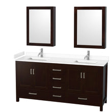 Load image into Gallery viewer, Wyndham Collection WCS141472DESWCUNSMED Sheffield 72 Inch Double Bathroom Vanity in Espresso, White Cultured Marble Countertop, Undermount Square Sinks, Medicine Cabinets