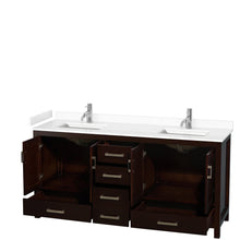 Load image into Gallery viewer, Wyndham Collection WCS141472DESWCUNSMXX Sheffield 72 Inch Double Bathroom Vanity in Espresso, White Cultured Marble Countertop, Undermount Square Sinks, No Mirror