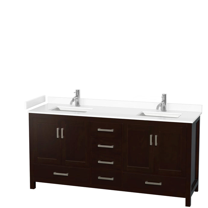 Wyndham Collection WCS141472DESWCUNSMXX Sheffield 72 Inch Double Bathroom Vanity in Espresso, White Cultured Marble Countertop, Undermount Square Sinks, No Mirror