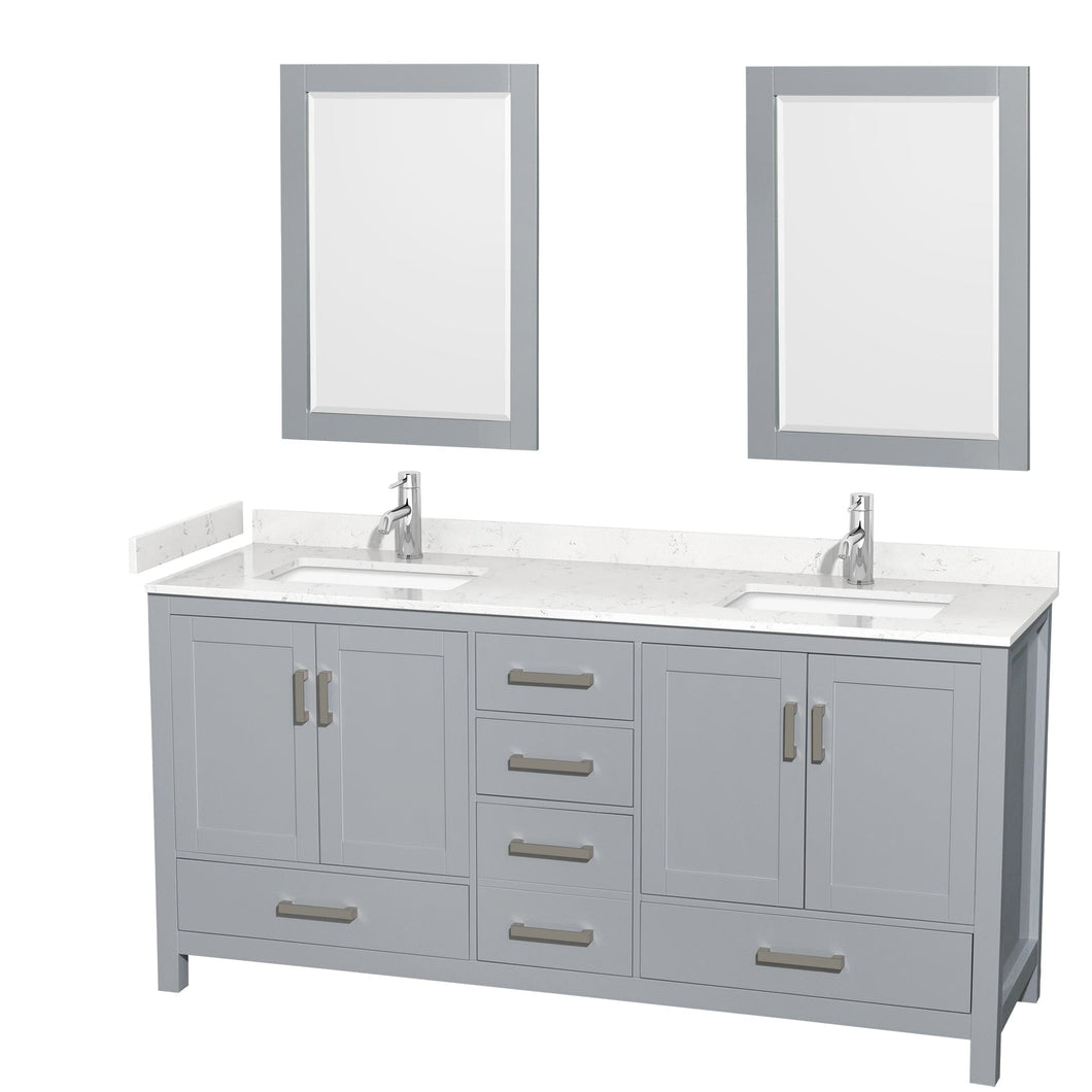 Wyndham Collection WCS141472DGYC2UNSM24 Sheffield 72 Inch Double Bathroom Vanity in Gray, Carrara Cultured Marble Countertop, Undermount Square Sinks, 24 Inch Mirrors
